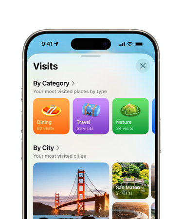 显示 iPhone 的上半部分，展示地图 app 中的曾去地点功能，以类别和城市来分类。